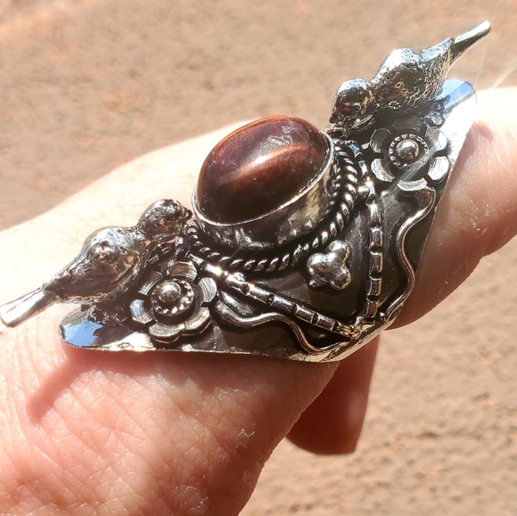New Unique Red Tiger Eye 2 Birds 925 Silver Statement Ring. - Picture 8 of 15